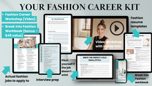 Fashion career kit with digital resources and videos on a light blue background
